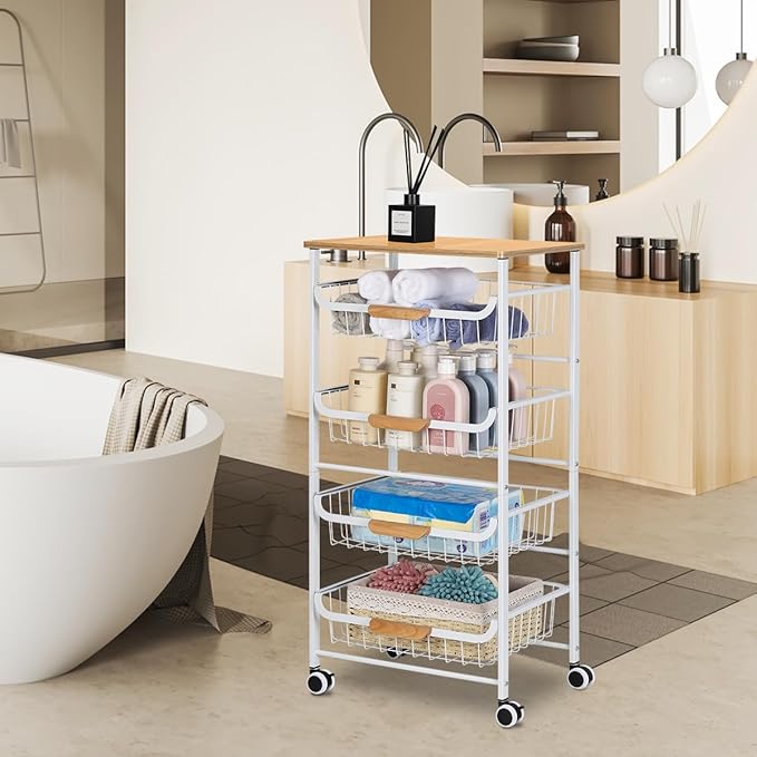 HEOMU 5 Tier Rolling Kitchen Storage Cart, Metal Microwave Stand Kitchen Island Cart on Wheels with Storage for Kitchen, Bathroom, Living Room, Bar, Office, White - LeafyLoom