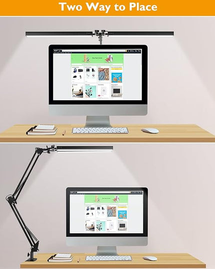 LED Desk Lamp with Clamp, Super Bright Double Head Desk Lamps for Home Office, 5 Color Modes, 10%~100% Dimmable Brightness, Architect Task Desk Light, Modern Swing Arm Workbench Desk Lighting - LeafyLoom