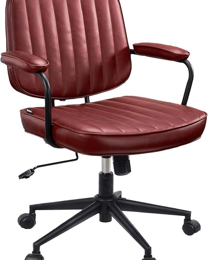 Mid Century Office Chair Leather Desk Chair Burgundy Office Desk Chair Home Office Chair with Wheels and Arms, by Artswish - LeafyLoom