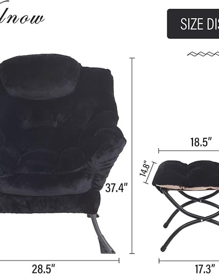 Welnow Lazy Chair with Ottoman, Modern Lounge Accent Chair with Armrests and a Side Pocket, Leisure Sofa Chair Set, Reading Chair with Footrest for Small Space, Corner Chair, Plush Black - LeafyLoom