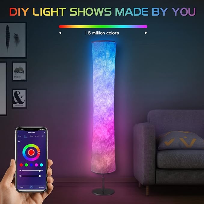 Torchlet Modern Floor Lamp, RGB Color Changing Led Smart Lamp Alexa APP Control with DIY Mode, Music Sync and White Fabric Shade, Standing Lamp for Living/Game Room Bedroom - LeafyLoom