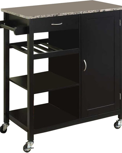 King's Brand Furniture-Black Wood & Marble Finish Top Kitchen Storage Cabinet Cart - LeafyLoom