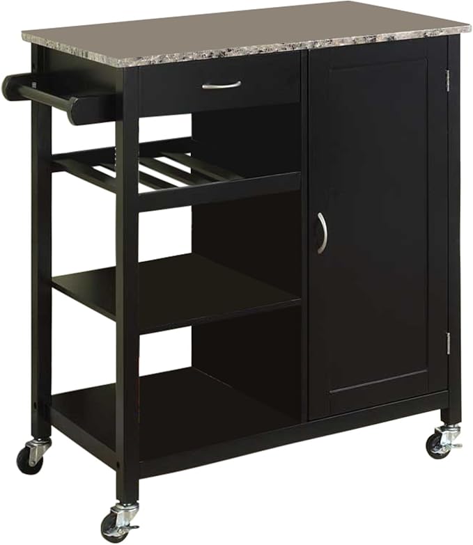 King's Brand Furniture-Black Wood & Marble Finish Top Kitchen Storage Cabinet Cart - LeafyLoom