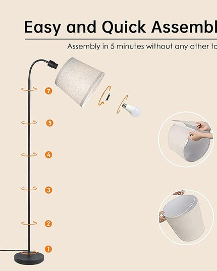 LED Floor Lamp, Standing Lamp for Living Room with Linen Lamp Shade,Adjustable Gooseneck Modern Reading Light,Floor Lamps for Bedroom,Office,Farmhouse,12W LED Bulb Included - LeafyLoom