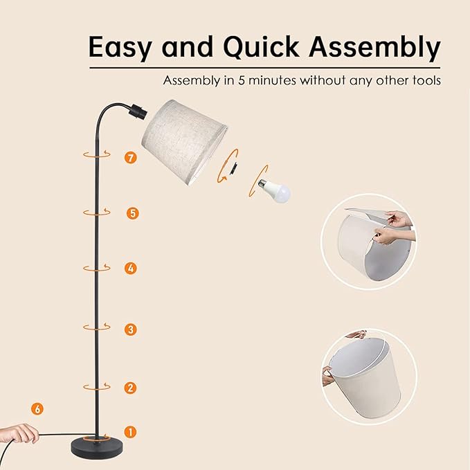 LED Floor Lamp, Standing Lamp for Living Room with Linen Lamp Shade,Adjustable Gooseneck Modern Reading Light,Floor Lamps for Bedroom,Office,Farmhouse,12W LED Bulb Included - LeafyLoom