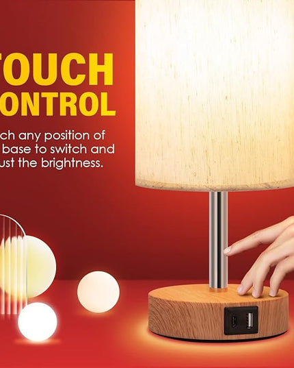 Yarra-Decor Bedside Lamp with USB A+C Port - Touch Control Table Lamp for Bedroom Wood 3 Way Dimmable Nightstand Lamp with Round Flaxen Fabric Shade for Home Office (LED Bulb Included) - LeafyLoom