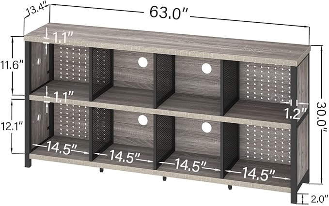 LVB Industrial 4 5 6 7 8 Cube Bookcase, Rustic Wood Metal Horizontal Bookshelf, Modern Wide Cube Organizer Storage Shelf, Large Long Low Book Shelf for Office Bedroom Living Room, Light Grey Oak 63 In - LeafyLoom