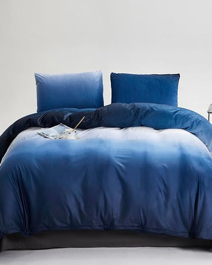 Blue White Gradient Comforter Set Full Blue Velvet Bedding Comforter Modern Plain White and Royal Blue Gradient Soft Quilt Farmhouse Flannel Comforter Warm Full Bed Comforter - LeafyLoom