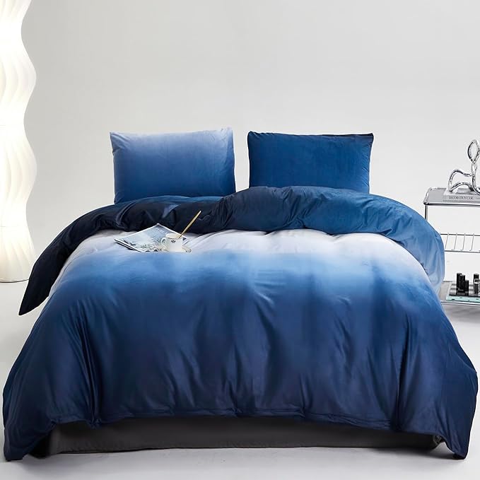 Blue White Gradient Comforter Set Full Blue Velvet Bedding Comforter Modern Plain White and Royal Blue Gradient Soft Quilt Farmhouse Flannel Comforter Warm Full Bed Comforter - LeafyLoom