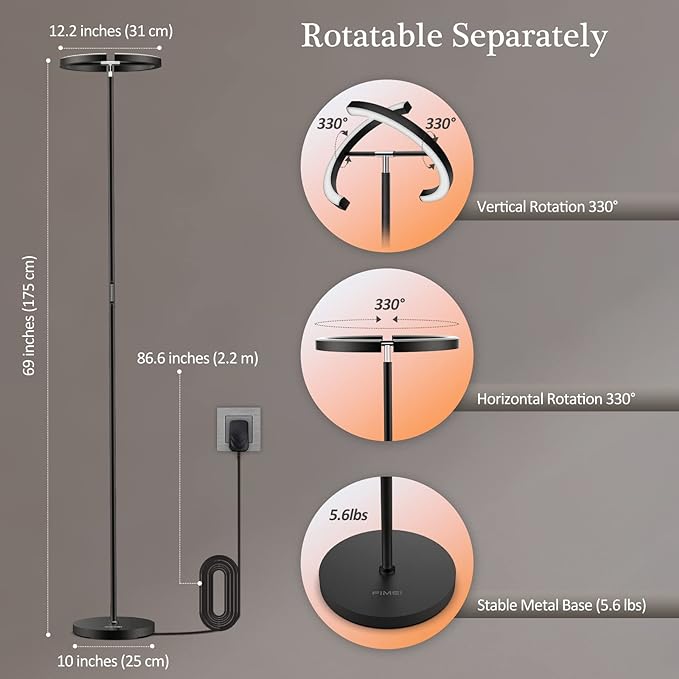 FIMEI Split Floor Lamp for Living Room, Modern Bright LED Standing Lamp, Eye-Protection Stepless Dimmable and 3000K-6000K, for Bedroom Office, Black - LeafyLoom