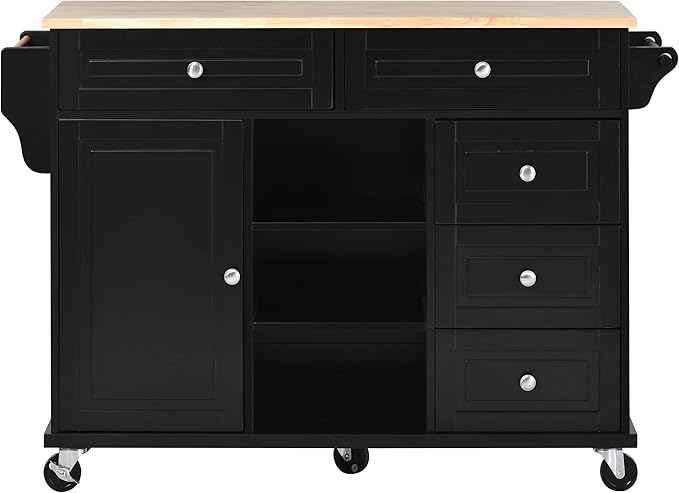 53Inch Rolling Kitchen Island Table with 5 Drawers, Kitchen-Car on Wheels w/Storage Cabinets, Rubber Wood Top, 2 Adjustable Shelf & Towel Handle for Dinning Room, Coffee Bar - LeafyLoom