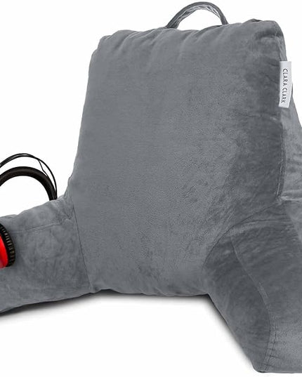 Clara Clark Reading Pillow, Standard Back Pillow for Sitting Up in Bed, Memory Foam Back Support Pillow, Reading Pillows for Sitting in Bed, Grey Sit Up Pillow for Bed Chair Arm Pillow with Pockets - LeafyLoom