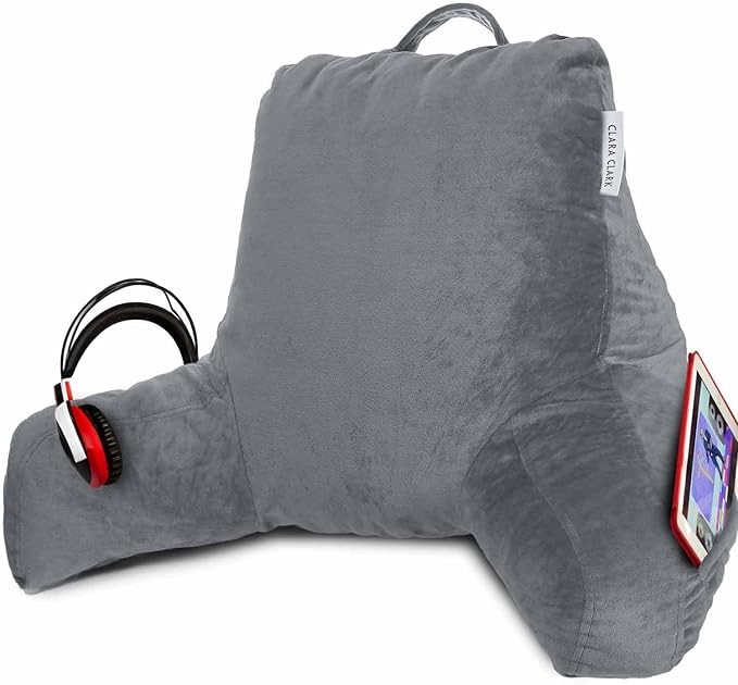 Clara Clark Reading Pillow, Standard Back Pillow for Sitting Up in Bed, Memory Foam Back Support Pillow, Reading Pillows for Sitting in Bed, Grey Sit Up Pillow for Bed Chair Arm Pillow with Pockets - LeafyLoom