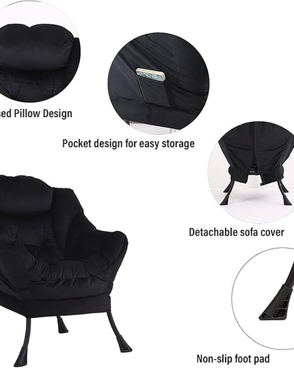 Welnow Lazy Chair with Ottoman, Modern Lounge Accent Chair with Armrests and a Side Pocket, Leisure Upholstered Sofa Chair Set, Reading Chair with Footrest for Small Space, Corner Chair, Black - LeafyLoom