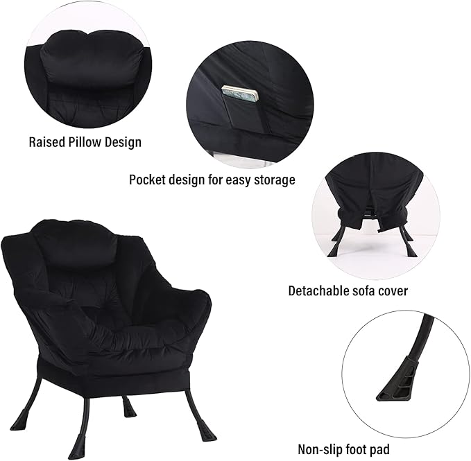 Welnow Lazy Chair with Ottoman, Modern Lounge Accent Chair with Armrests and a Side Pocket, Leisure Upholstered Sofa Chair Set, Reading Chair with Footrest for Small Space, Corner Chair, Black - LeafyLoom