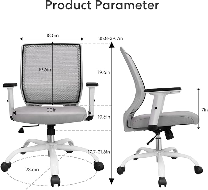 Schwake Ergonomic Office Chair Home Mesh Desk Chair with Adjustable Arms - Mid Back Computer Chairs for Adults - Swivel Task Chair Comfortable for Home Office (White &Grey) - LeafyLoom