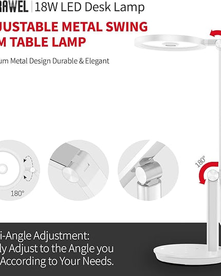 LED Desk Lamp for Home Office - Natural Eye-Caring Table Light, Adjustable Metal Swing Arm with 18W Dimmable Bright Reading Task Lampara Memory Function White - LeafyLoom