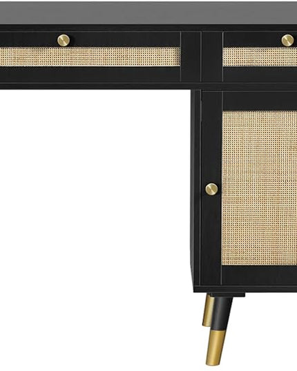 Anmytek Rattan Vanity Desk with Drawers and Storage, Black Makeup Vanity Table Modern Home Office Desk Computer Desk for Study D0005 - LeafyLoom