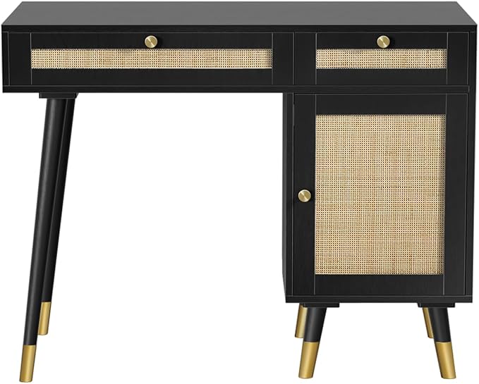 Anmytek Rattan Vanity Desk with Drawers and Storage, Black Makeup Vanity Table Modern Home Office Desk Computer Desk for Study D0005 - LeafyLoom