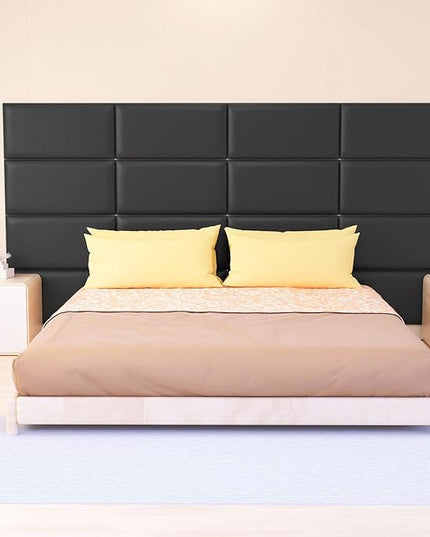 Peel and Stick Headboard for Twin and king in Black Headboard panels for wall, 3D Anti-Collision Wall Panel, Self-Adhesive Bedroom/Living Room Upholstered Wall Panel (6 Panels/11.8" x 23.6") - LeafyLoom