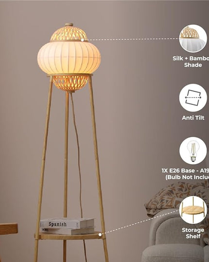 Hikari - Japanese Boho-Chic - Floor Lamp with Shelf Adjustable Height, Silk, Bamboo Woven Shade, for Living Room, Bedroom, Study - UL Listed - LeafyLoom