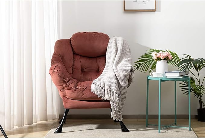 AcozyHom Modern Velvet Fabric Lazy Chair, Accent Cotton Contemporary Lounge Chair, Single Steel Frame Leisure Sofa Chair with Armrests and A Side Pocket, Thick Padded Back, Dusty Rose - LeafyLoom