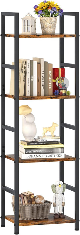 4 Tier Bookshelf, Small Book Shelf Industrial Bookcase, Metal Narrow Book Case Book Storage Organizer,Bookshelves for Bedroom Office Living Room(4 Tier,Rustic Brown) - LeafyLoom