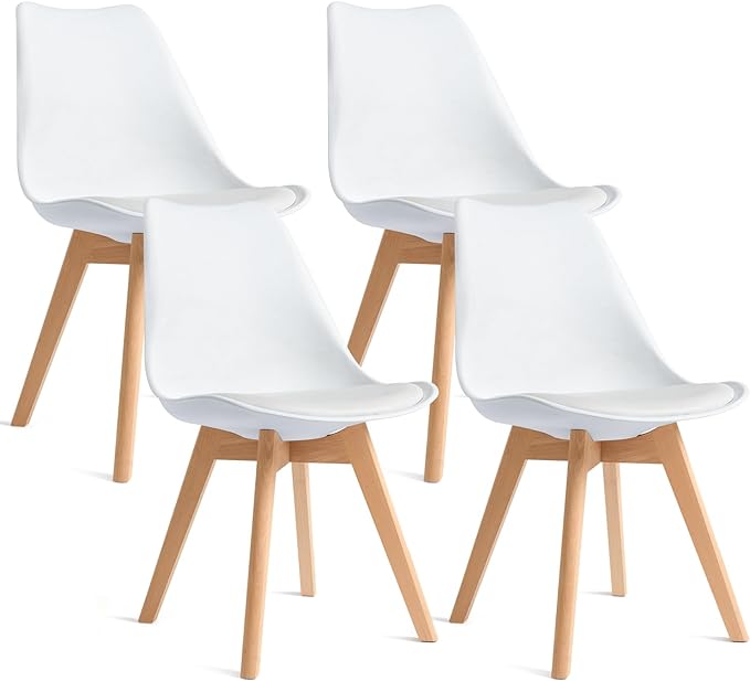 CangLong, White Modern Set, Shell Chair with Wood Legs for Kitchen, Dining, Living Room-Set of 4, Pack of 4 - LeafyLoom