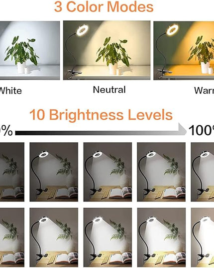Clip on Light LED Reading Book Study Lamp 3 Color Modes 10 Brightness Eye Protection 360° Flexible Gooseneck Student Dormitory Office Desk Lamp at Night in Bed - LeafyLoom