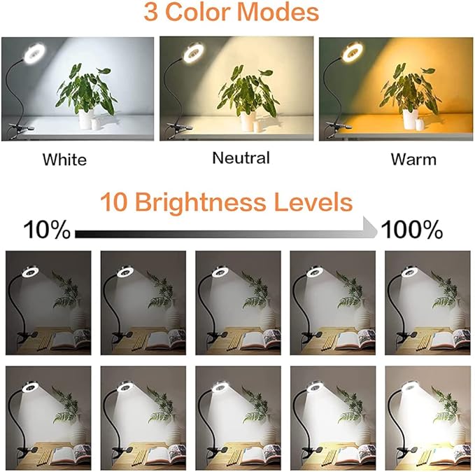 Clip on Light LED Reading Book Study Lamp 3 Color Modes 10 Brightness Eye Protection 360° Flexible Gooseneck Student Dormitory Office Desk Lamp at Night in Bed - LeafyLoom
