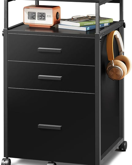 DEVAISE File Cabinet with Storage Drawers, Rolling Printer Stand with Adjustable Shelves, Wood Filing Cabinet for Home Office, Black - LeafyLoom