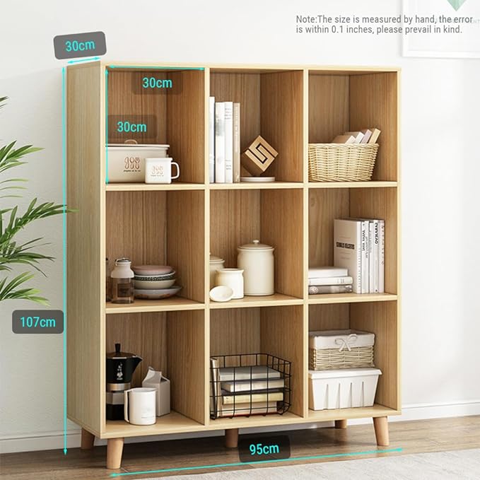 IOTXY Open Cube Low Bookcase - 3-Tier Freestanding Storage Display Cabinet Organizer with Legs for Home Office, 9-Cubes Open Shelf Short Bookshelf, Oak - LeafyLoom