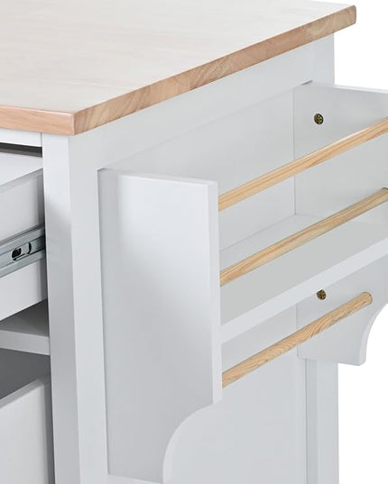 Kitchen Island with Storage, Rolling Table on Wheels w/Handle-Free Drawers Including a Flatware Organizer for Dinning Room, Rubber Wood Contertop - LeafyLoom