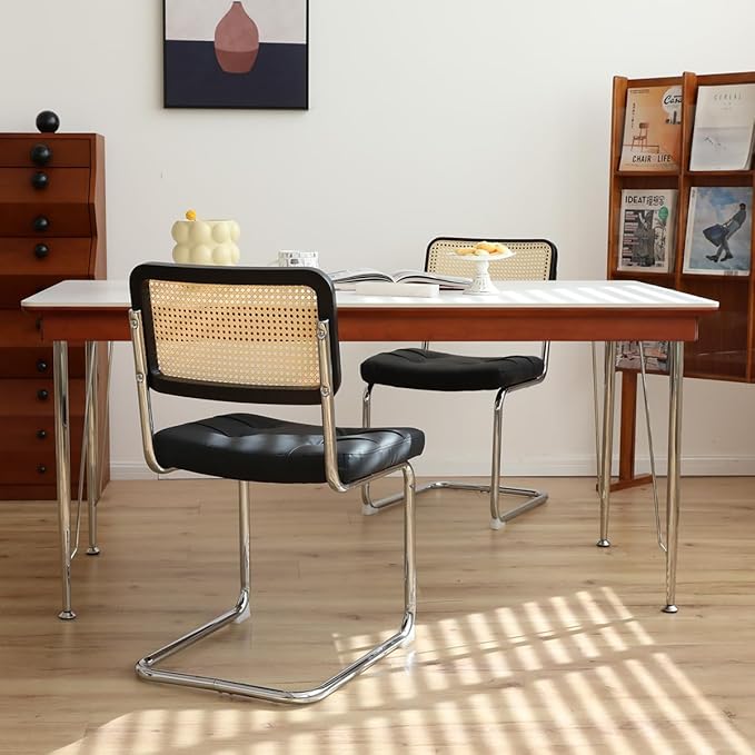 Dining Chairs Set of 2, Faux Leather Rattan Side Accent Chairs with Chrome Legs, Modern Mid Century Designed Chairs for Dining,Living Room,Kitchen Chairs (Leather Black) - LeafyLoom