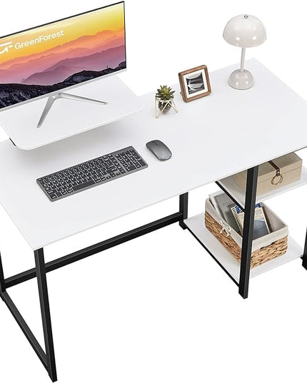 GreenForest Computer Desk with Monitor Stand and Reversible Storage Shelves,39 inch Small Home Office Writing Study Desk for Small Spaces,White - LeafyLoom
