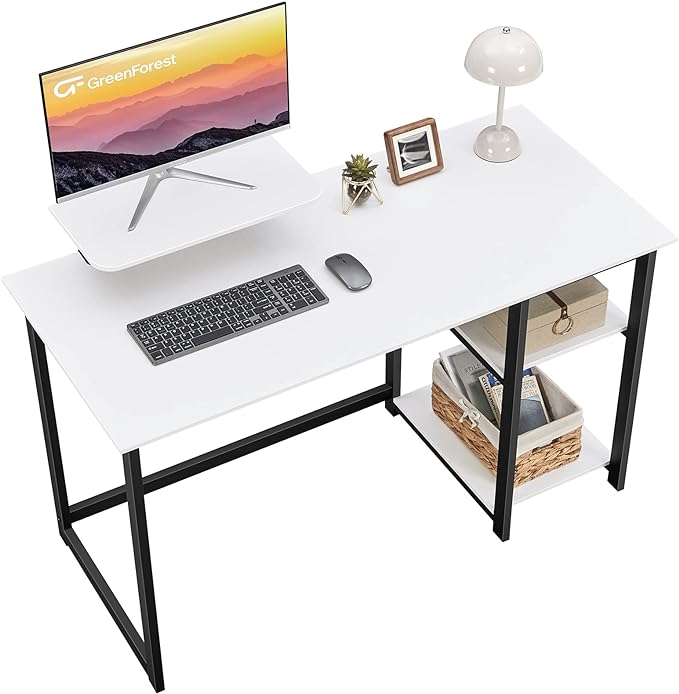 GreenForest Computer Desk with Monitor Stand and Reversible Storage Shelves,39 inch Small Home Office Writing Study Desk for Small Spaces,White - LeafyLoom