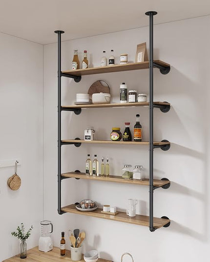 Pynsseu Industrial Iron Pipe Shelf Wall Mount, Farmhouse DIY Open Bookshelf, Pipe Shelves for Kitchen Bathroom, bookcases Living Room Storage, 2Pack of 5 Tier - LeafyLoom