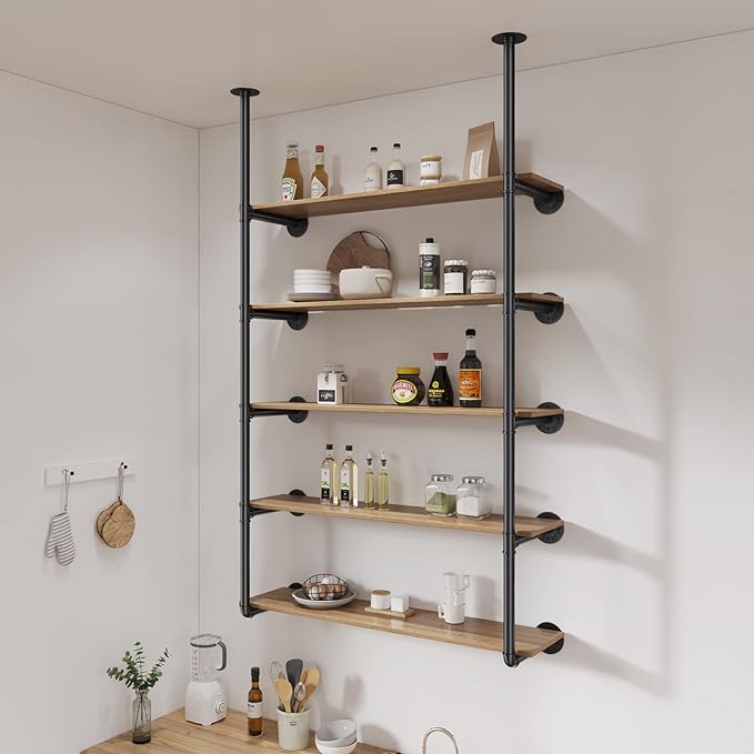 Pynsseu Industrial Iron Pipe Shelf Wall Mount, Farmhouse DIY Open Bookshelf, Pipe Shelves for Kitchen Bathroom, bookcases Living Room Storage, 2Pack of 5 Tier - LeafyLoom