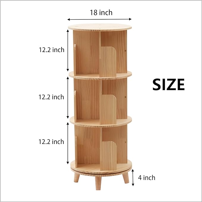 Gdrasuya10 3 Tier Rotating Bookshelf with Legs, Revolving Bookcase Standing Small Bookshelf Storage Wood Bookcase 360 Display Book Shelf Easy Assemble for Bedroom Study Room - LeafyLoom