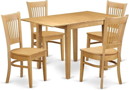 East West Furniture Norden 5 Piece Room Furniture Set includes a Rectangle Dining Table with Dropleaf and 4 Wood Seat Chairs, 30x48 Inch, Oak - LeafyLoom