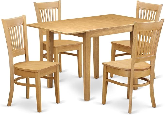 East West Furniture Norden 5 Piece Room Furniture Set includes a Rectangle Dining Table with Dropleaf and 4 Wood Seat Chairs, 30x48 Inch, Oak - LeafyLoom