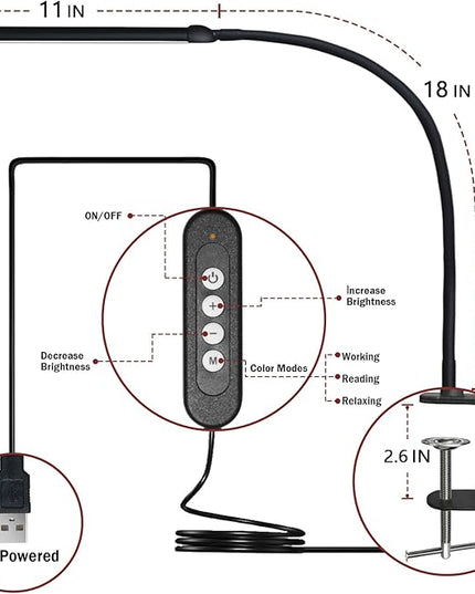 LED Desk Lamp with Clamp, Clamp Light with Adjustable Color Modes,Clip on Light with Long Flexible Gooseneck, Eye-Care Lamp Clamp for Study, Work, Home, Office, (Black, 12W) - LeafyLoom