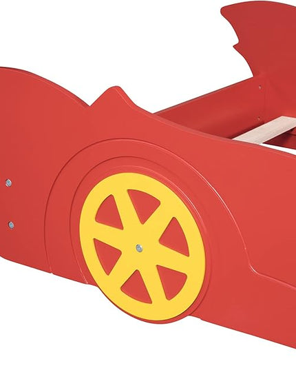 Car Shaped Toddler Bed with Wheels,Racecar Platform Beds W/Safety Guardrail,Slats Support,Stylish Design,Easy Assembly,Wood Twin Bedframe for Boys Toddlers Kids Teens Bedroom,Red - LeafyLoom