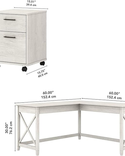 Bush Furniture Key West 60W L Shaped Desk with 2 Drawer Mobile File Cabinet in Linen White Oak - LeafyLoom