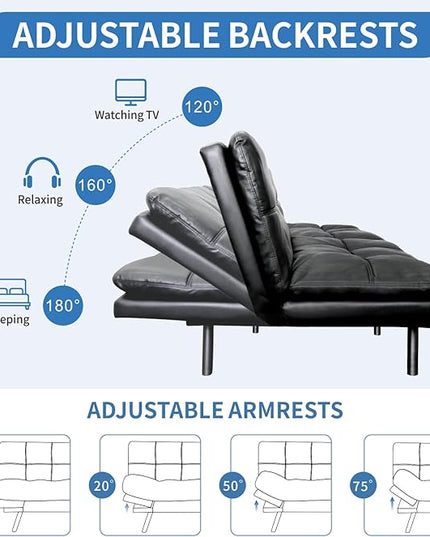 MUUEGM Faux Leather Futon Sofa Bed, Convertible Memory Foam Couch Bed, Modern Love Seat for Living Room,Compact Space,Apartment,Office,Adjustable Backrests Armrests Couch Sleeper,71" Black - LeafyLoom