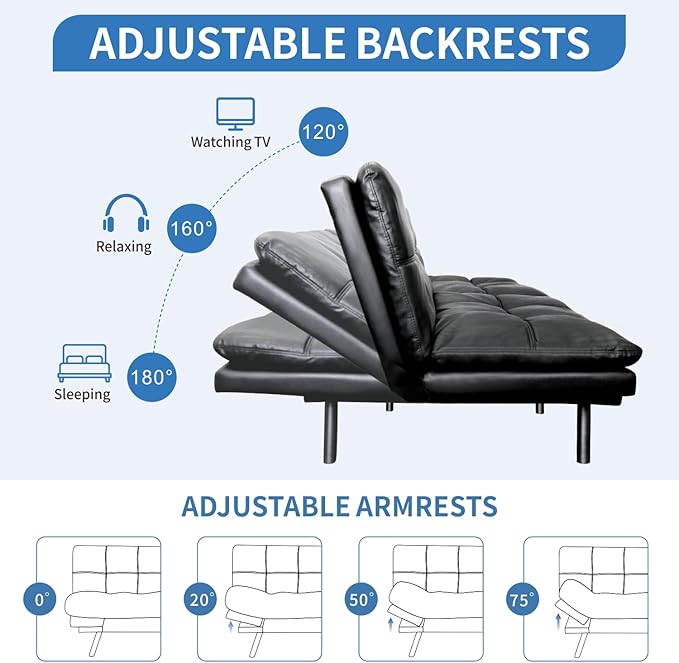 MUUEGM Faux Leather Futon Sofa Bed, Convertible Memory Foam Couch Bed, Modern Love Seat for Living Room,Compact Space,Apartment,Office,Adjustable Backrests Armrests Couch Sleeper,71" Black - LeafyLoom