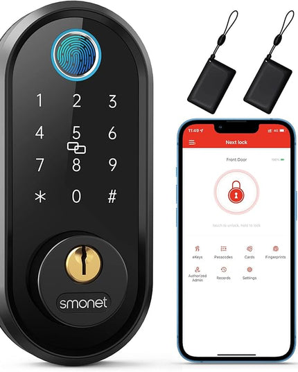 Smart Lock, SMONET Fingerprint Door Lock Smart Deadbolt Keyless Entry - Electronic Digital Keypad with Biometric Fingerprint, Smartphone App Auto Lock Bluetooth Keys Fobs Smartlock for Alexa, Home SMONET