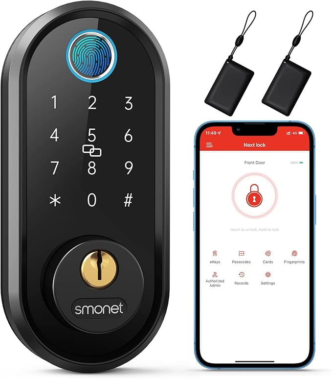 Smart Lock, SMONET Fingerprint Door Lock Smart Deadbolt Keyless Entry - Electronic Digital Keypad with Biometric Fingerprint, Smartphone App Auto Lock Bluetooth Keys Fobs Smartlock for Alexa, Home SMONET