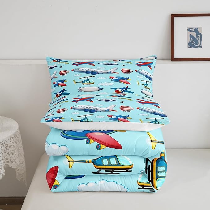 Kids Aircraft Comforter Set Boys Cartoon Airplane Print Comforter Helicopter Flying Plane Bedding Set for Children Girls Travel Decor Duvet Set Cute Colorful Planes Room Decor Queen Size Quilt Set - LeafyLoom