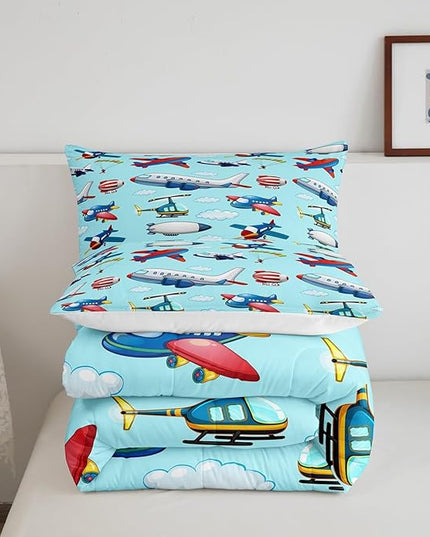 Feelyou Kids Aircraft Comforter Set Boys Cartoon Airplane Print Comforter Helicopter Flying Plane Bedding Set for Girls Travel Decor Duvet Set Cute Colorful Planes Room Decor King Size Quilt Boys - LeafyLoom